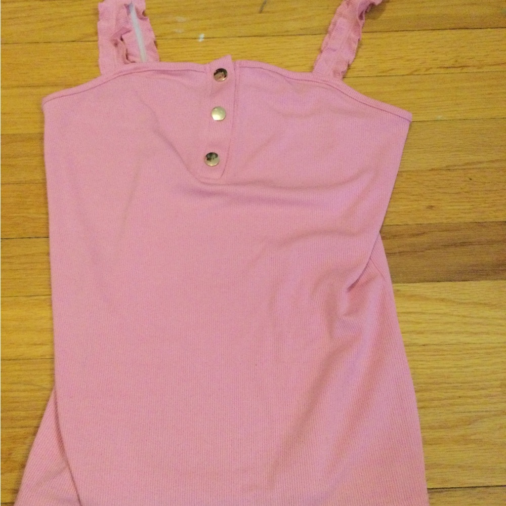 Pink Ruffle Strap Tank Top with Button Detail